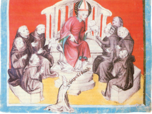 Der hl. Benedikt unterweist die Petersfrauen und die Mönche in der Regel. Darstellung im Register des Abtes Otto II. Chalhochsperger von St. Peter (1375 - 1414)