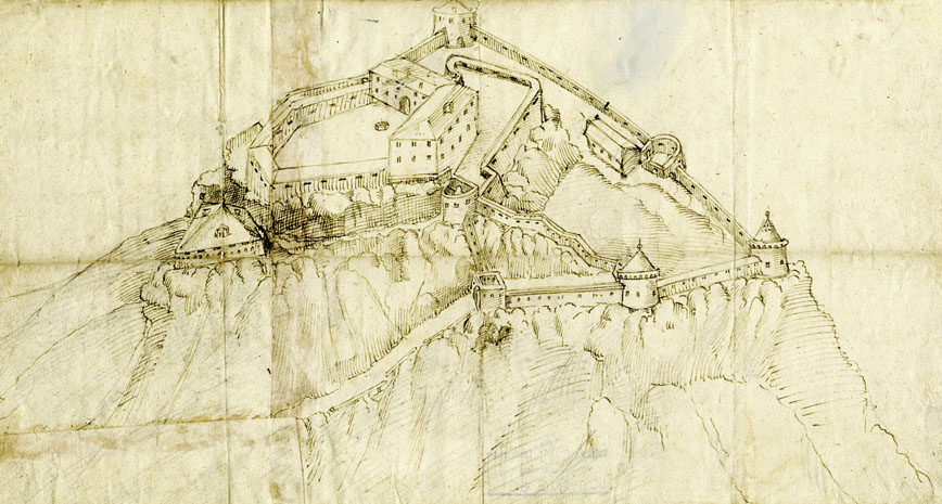 Hohenwerfen zur Zeit der Umbauarbeiten zwischen 1565 und 1586. (Zeitgenössische Federzeichnung; SLA, KuR G.60; Reproduktion SLA)