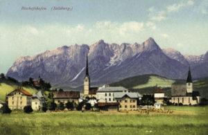 Ortsansicht von Bischofshofen, im Hintergrund das Tennengebirge, um 1900(Reproduktion SLA, Fotosammlung A 02397)