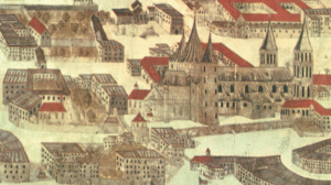 Der romanische Salzburger Dom, Ausschnitt aus der Stadtansicht 1553 in der Erzabtei St. Peter. Über dme Dom sind die roten Dächer des Domstifts zu erkennen, das direkt südlich an den Dom angebaut war. Links vom Dom liegt das Spital des Domkapitels. © H. Dopsch
