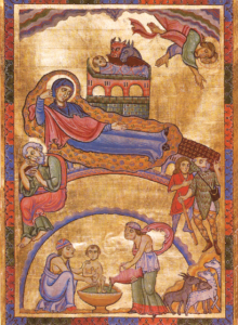 Die Geburt Christi. Ganzseitige Miniatur aus dem Antiphonar von St. Peter, um 1160 © K. Birnbacher