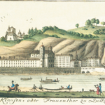 Kirche und Kloster der Ursulinen mit dem Klausentor (rechts). Radierung von Carl Schneeweis um 1800 © C. Schneeweiss