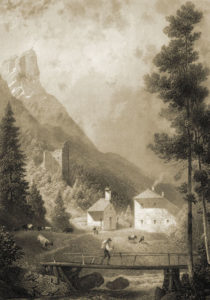 Die Reste der Befestigung am Pass Strub um die Mitte des 19. Jh. (Anton Ritter von Schallhammer, Salzburg 1853, Abb. v. S. 131; Reproduktion SLA)