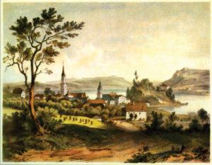 Mattsee mit der Stiftskirche (li.), dem Stift und der Pfarrkirche. Lithographie von Georg Pezolt 1845. © H. Dopsch