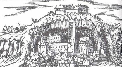 Stein an der Traun, um 1560, ist eine der wenigen Höhlenburgen Mitteleuropas © J. Lang/Stadtarchiv Bad Reichenhall
